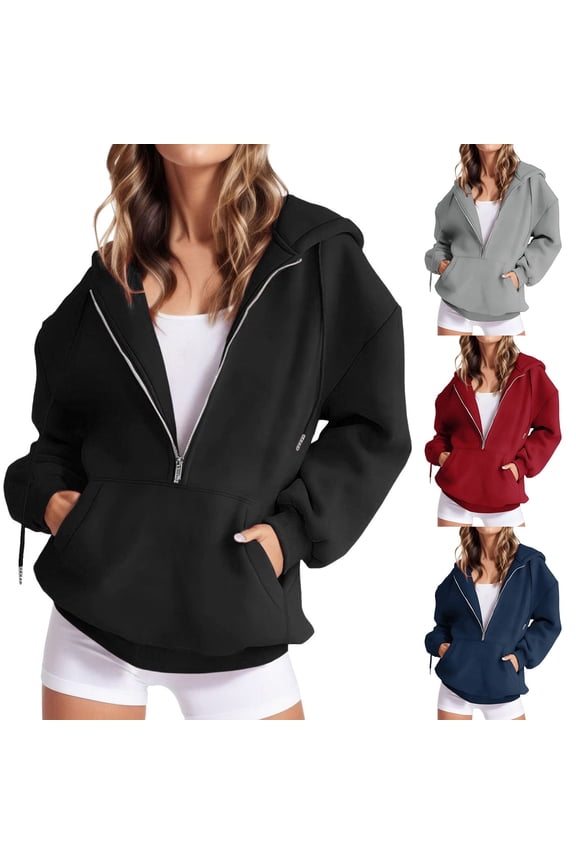 Half Zip Up Hoodie Women Fall Oversized Casual Cropped Drawstring Sweatshirt Solid Color Quarter Zipper Pullover Navy S