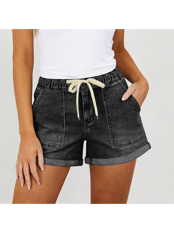 Jean Shorts Womens High Waisted Stretchy Lightweight Cuffed Hem Denim Shorts Summer Casual Loose Elastic Drawstring Streetwear Black 2XL