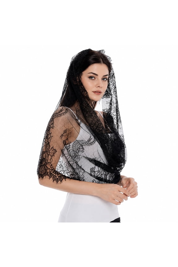 Lace Mantilla Veil for Women - Spanish Style Church Wedding Head Scarf, Floral Lace Shawl for Mass & Bridal Black One Size