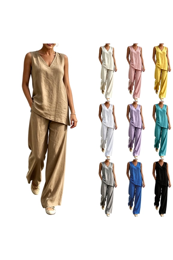 Linen Cotton Sets For Women 2 Piece Summer Sleeveless V Neck Plus Size Top Matching Wide Leg Pants Flowy Casual Loose Outfits Light Purple 2XL