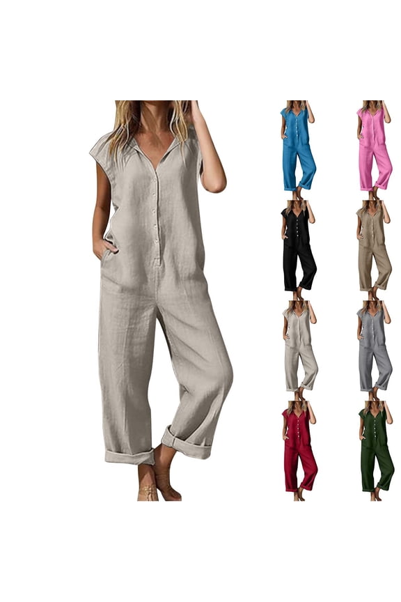 Linen Jumpsuits For Women Cap Sleeve Button Down V Neck Overalls Loose Wide Leg Flowy Beach Daily Rompers With Pockets Pink S
