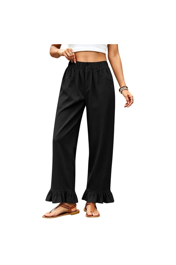 Linen Palazzo Pants For Women Button Elastic High Waisted Ruffle Hem Linen Pants Relaxed Fit Lounge Baggy Pant With Pockets Black M