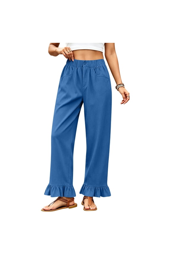 Linen Palazzo Pants For Women Button Elastic High Waisted Ruffle Hem Linen Pants Relaxed Fit Lounge Baggy Pant With Pockets Blue M