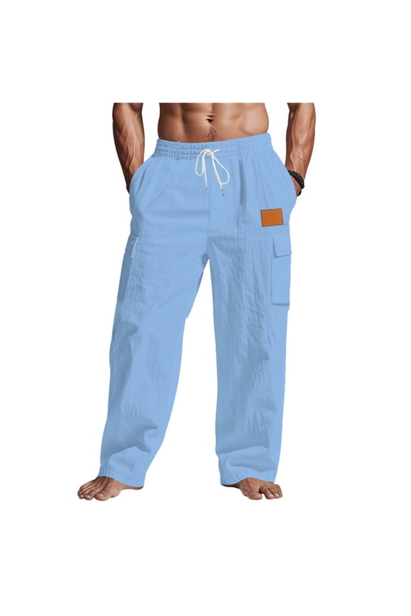 Linen Pants Men Casual Loose Fit Cotton Beach Pants Summer Elastic Waist Drawstring Cargo Trousers With Pockets Light Blue M