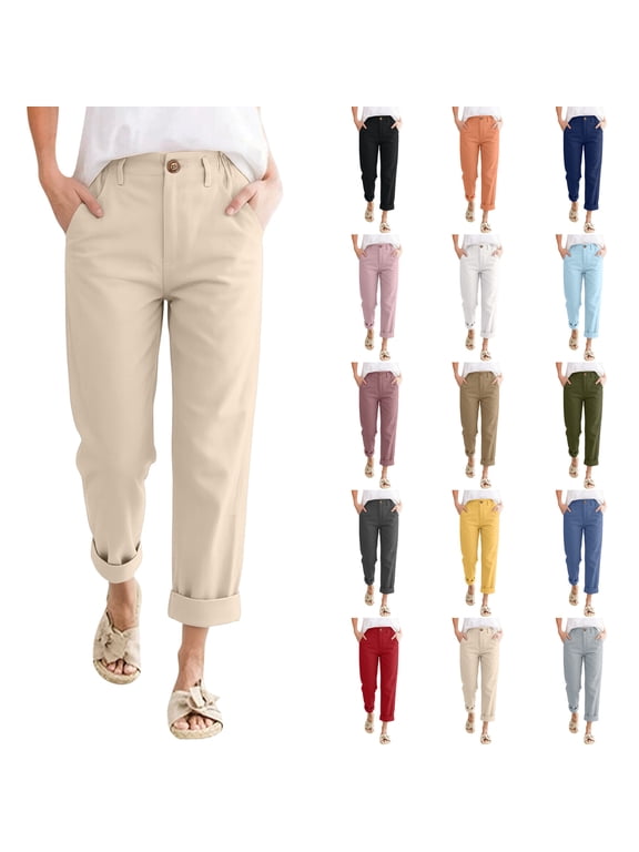 Linen Pants Women Petite High Waisted Cropped Pants Summer Beach Button Ankle Length Straight Leg Tapered Trouser Pant Pink M