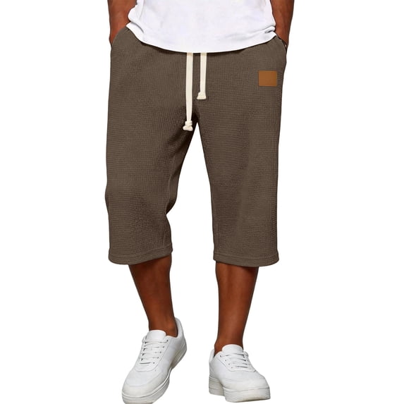 VV AVEORS Long Shorts For Men Big And Tall Waffle 3/4 Cargo Shorts Breathable Capri Pants Elastic Waist Summer Activewear Brown L