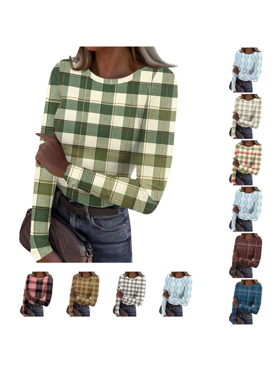 Long Sleeve Shirt For Women Lightweight Ribbed Plaid Tops Fall Crew Neck Casual Blouse Green L