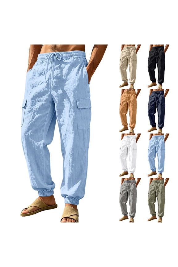 Men Linen Pants 2026 Fashion Drawstring Loose Fit Cotton Linen Pants Casual Lightweight Hawaiian Vacation Trousers Army Green M