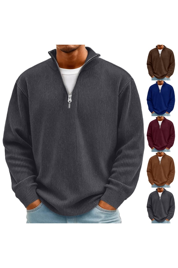 Men Quarter Zip Pullover Sweaters Lightweight Corduroy Knitted Texture Dressy Casual Sweatershirt For Glof Work Brown S
