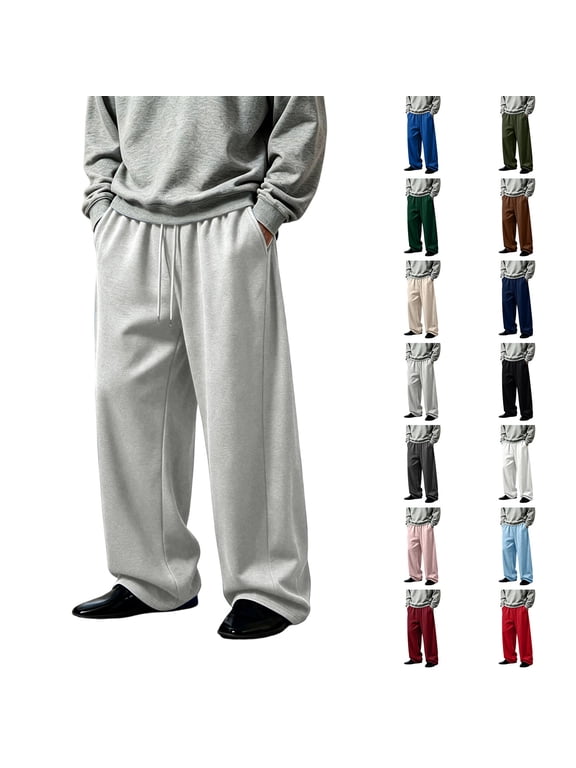 Men'S Casual Baggy Sweatpants Wide Leg Drawstring Pants Fleece Lined Elastic Waistband Street Style Fall And Winter Fashion Trousers with Sides Pockets Light Gray M