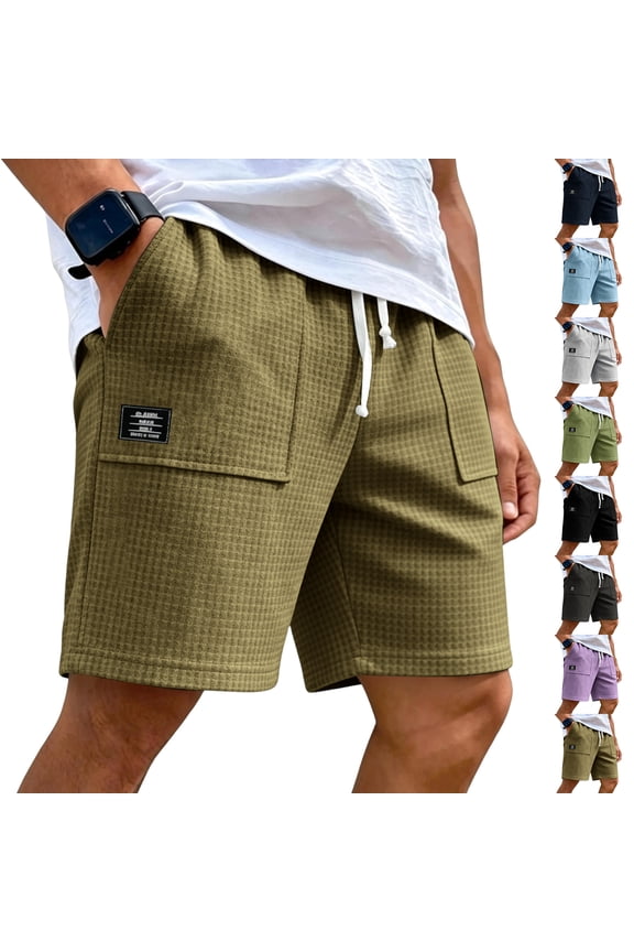 Men'S Casual Waffle Shorts Lightweight Elastic Waist Drawstring Summer Beach Big And Tall Bermuda Shorts Khaki 2XL