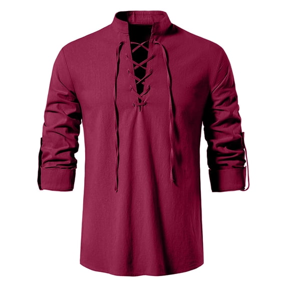 VV AVEORS Men'S Cotton Linen Long Sleeve Lace Up Vintage Shirts For Renaissance Medieval Costume Summer Top Wine 2XL