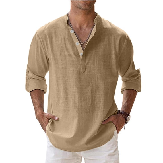 VV AVEORS Men'S Cotton Linen Shirts Long Sleeve Button Down Shirt Collar Beach Shirts Hawaiian Resort Wear Khaki 2XL