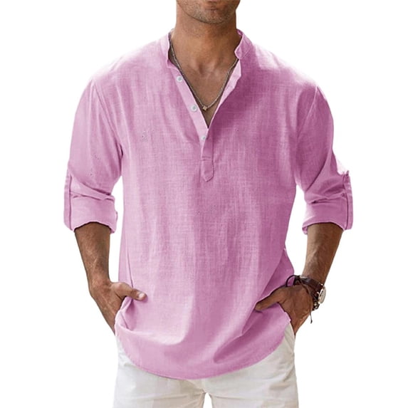VV AVEORS Men'S Cotton Linen Shirts Long Sleeve Button Down Shirt Collar Beach Shirts Hawaiian Resort Wear Pink 3XL