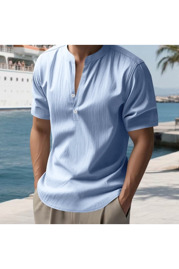 Men'S Henley Shirt Short Sleeve Stand Collar Summer Casual Beach Hippie T-Shirts Outdoor Lounge Wear Light Blue S