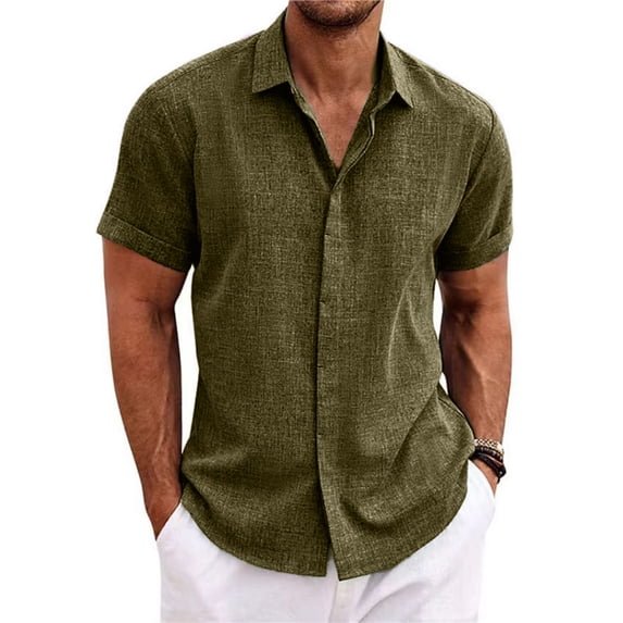 VV AVEORS Men'S Linen Short Sleeve Button Down Shirt Lightweight Breathable Business Casual Shirts Summer Beach Wedding Guest Tops Dark Green S