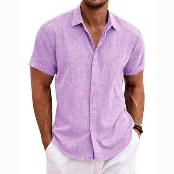 VV AVEORS Men'S Linen Short Sleeve Button Down Shirt Lightweight Breathable Business Casual Shirts Summer Beach Wedding Guest Tops Purple L