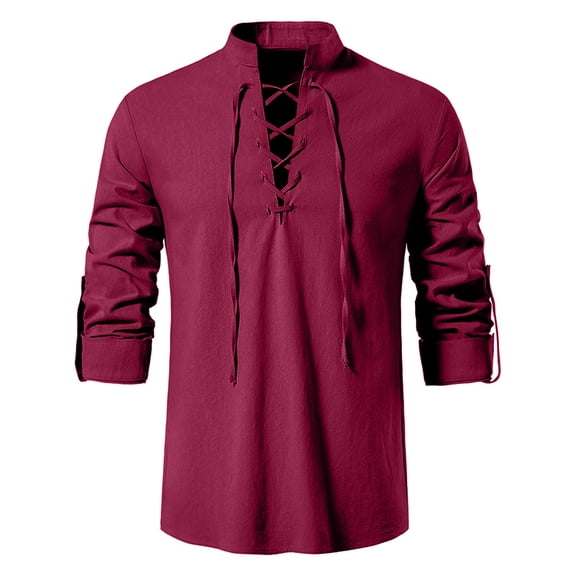 VV AVEORS Men'S Long Sleeve Shirts Retro Trendy Lace Up For Medieval Hippie Halloween Cosplay Renaissance Costume Wine S