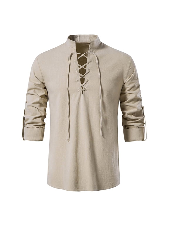 Men'S Retro Lace Up Shirts For Renaissance Medieval Gothic Steampunk Long Sleeve Summer Shirts Khaki S