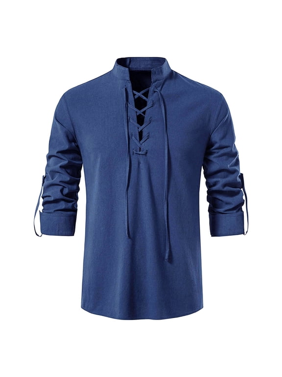 Men'S Retro Lace Up Shirts For Renaissance Medieval Gothic Steampunk Long Sleeve Summer Shirts Navy S