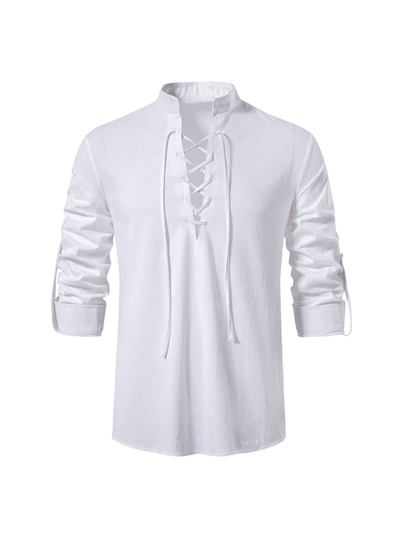Men'S Retro Lace Up Shirts For Renaissance Medieval Gothic Steampunk Long Sleeve Summer Shirts White 3XL