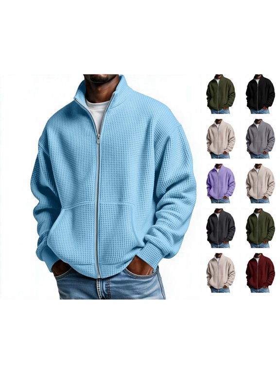 Men'S Waffle Knit Full Front Zip Jacket,Stand Up Casual Sportswear Comfy Thick And Warm Solid Color Loose Cardigan For Home Outdoor Work Light Blue M