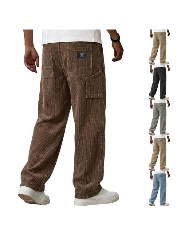 Men'S Wide Leg Corduroy Pants Baggy Elastic Waist Streetwear Trousers Baggy Large Patch Pockets,Textured Streetwear Brown 2XL