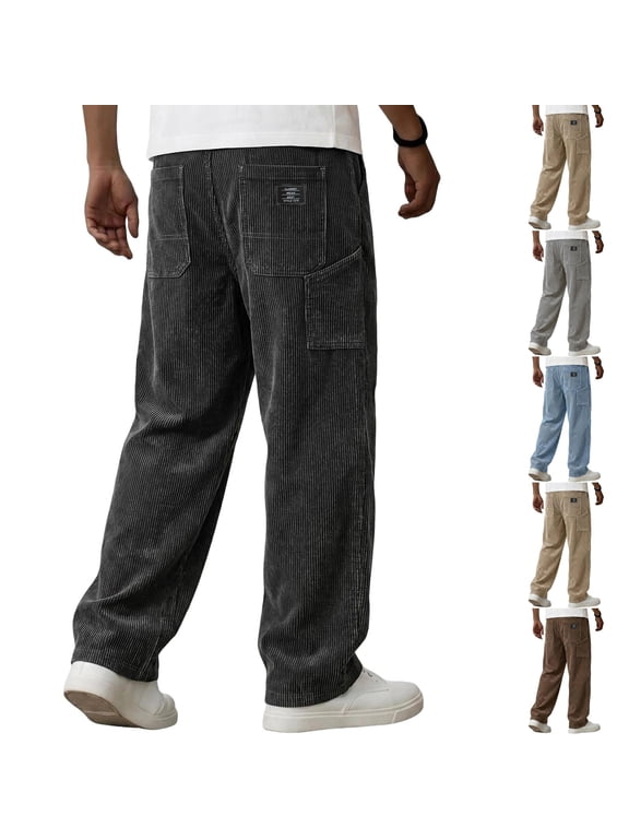 Men'S Wide Leg Corduroy Pants Baggy Elastic Waist Streetwear Trousers Baggy Large Patch Pockets,Textured Streetwear Dark Gray L