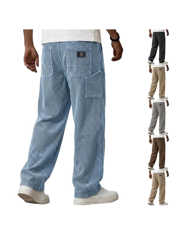 Men'S Wide Leg Corduroy Pants Baggy Elastic Waist Streetwear Trousers Baggy Large Patch Pockets,Textured Streetwear Light Blue L