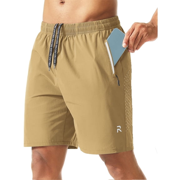VV AVEORS Mens Athletic Running Shorts Lightweight Quick Dry Drawstring Mesh Gym Workout Shorts With Zipper Pockets Khaki S