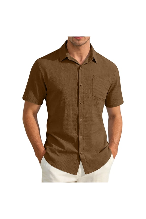 Mens Button Down Shirt Short Sleeve Dressy Casual Stylish Cotton Shirts Linen Summer Beach Wedding Shirt Brown S