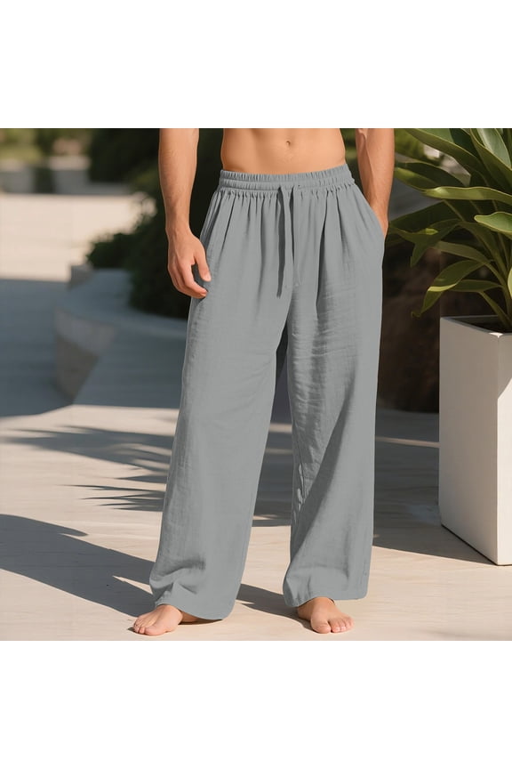 Mens Casual Linen Pants Cotton Lightweight Loose Fit Drawstring Elastic Waist Pockets Straight Legs Summer Beach Yoga Pant Light Gray 3XL