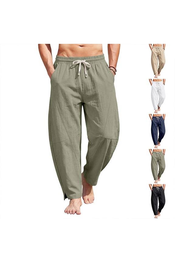 Mens Linen Pants Casual Harem Pants Lightweight Summer Beach Pants Drawstring Vacation Slit Hem Yoga Trousers With Pockets White M
