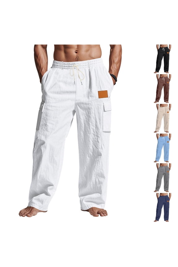 Mens Linen Pants Loose Fit Straight Leg Elastic Waist Drawstring Casual Summer Beach Vacation Trousers With Cargo Pockets Black L