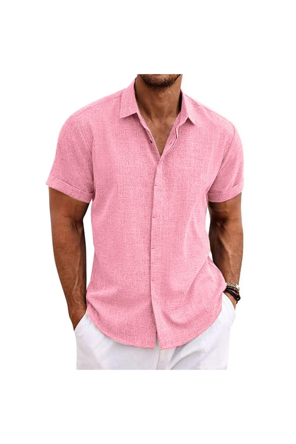 Mens Linen Shirt Short Sleeve Button Down Shirt Dressy Casual Summer Beach Vacation Wedding Texture Shirts Pink S