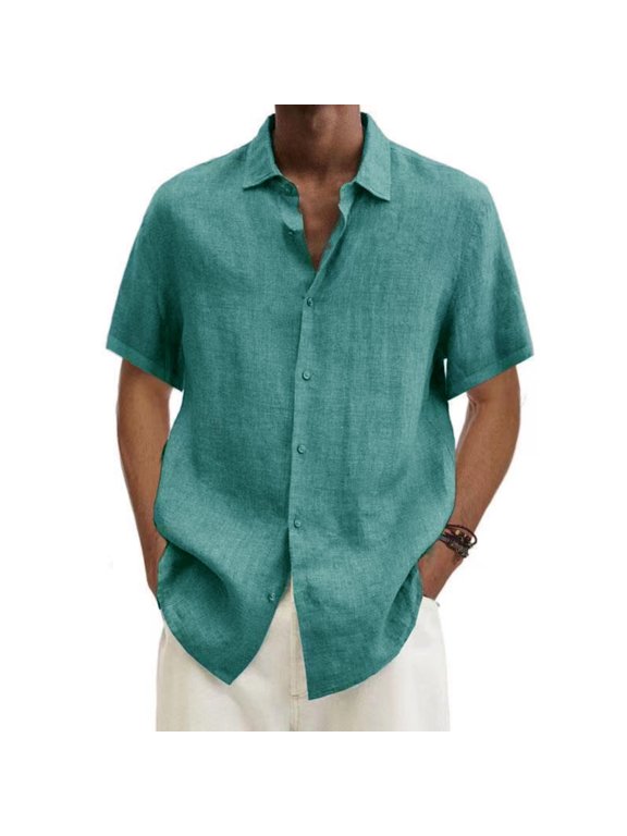 Mens Linen Shirts Short Sleeve Button Down Shirts Wrinkle Free Casual Vacation Beach Summer Tops Hawaiian Resort Wear Green M