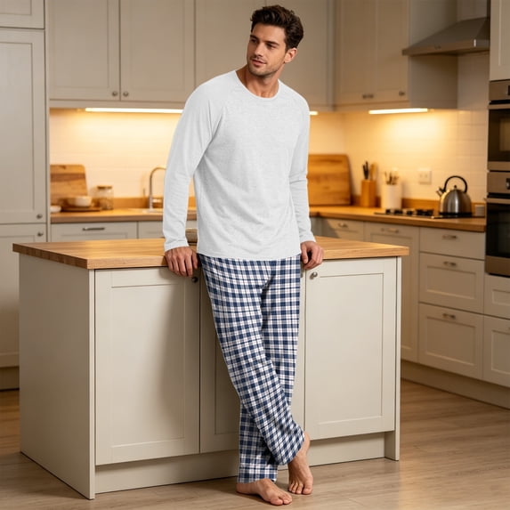 VV AVEORS Mens Pajama Set Bamboo Viscose Soft Pijamas Sets Plaid Long Sleeve Full Length Pants Pjs Check Sleepwear With Pockets White 3XL