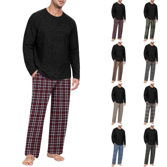 VV AVEORS Mens Pajama Set Long Sleeve Soft Sleepwear Loungewear Pjs Tops Plaid Pants With Pockets 2 Piece Holiday Sleepwear Dark Blue 3XL