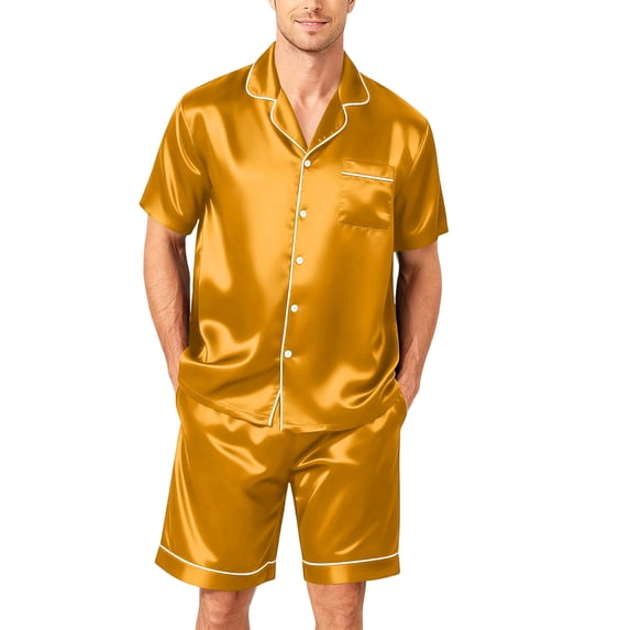 VV AVEORS Mens Pajamas Set Silk Satin Sleepwear Short Sleeve Button Down Pjs Set 2 Piece Comfort Loungewear With Pockets Orange 4XL