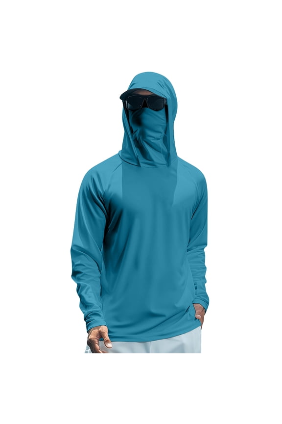 Mens Sun Protection Hoodie With Face Cover Lightweight Long Sleeve Fishing Shirts Hiking Running Rash Guard Dark Green XL