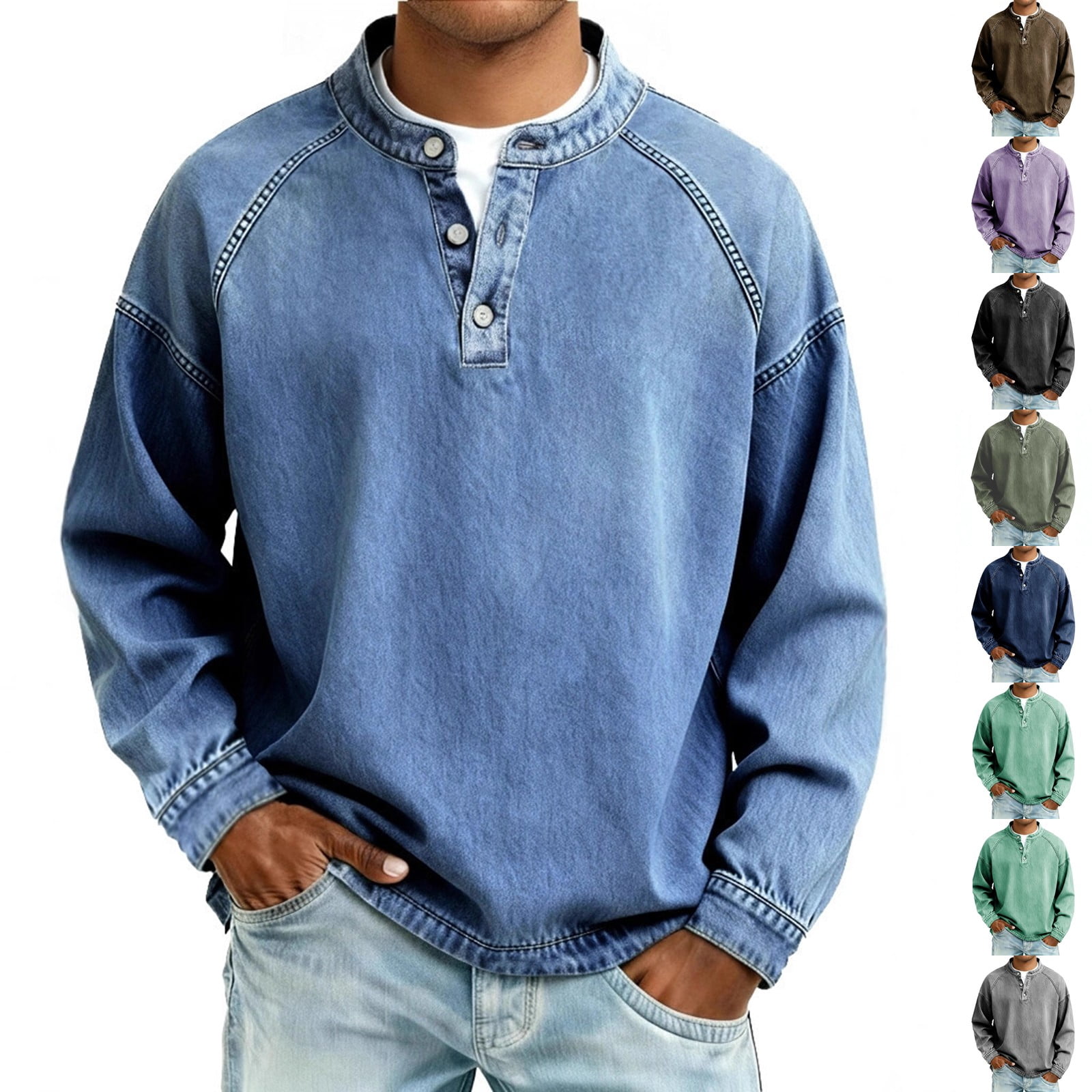 VV AVEORS Mens Vintage Denim Henley Shirt, Washed Long Sleeve Button ...
