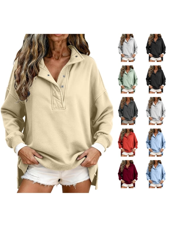 Mock Neck Sweatshirt For Women Oversized Casual Quarter Snap Button Henley Neck Fleece Pullover Tops Fashion Clothes Beige 3XL