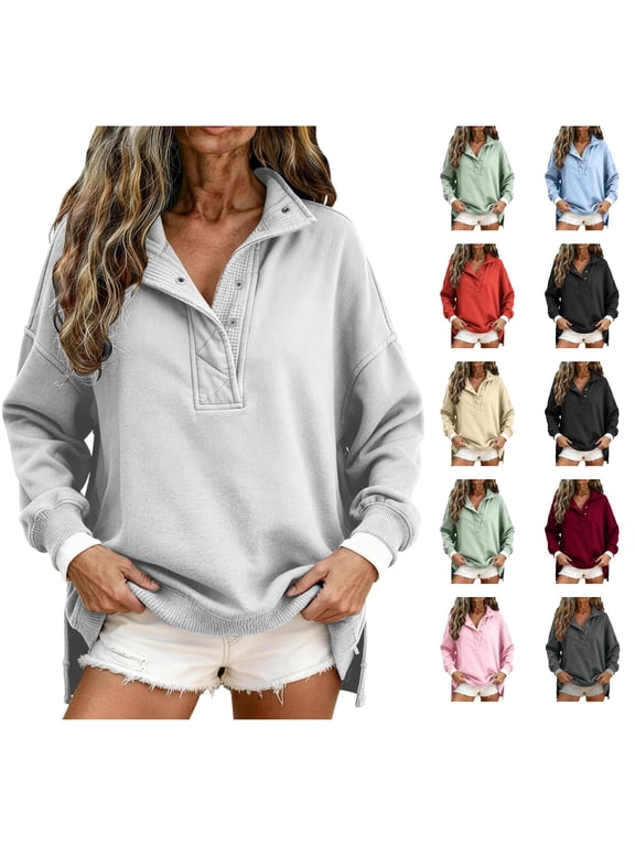 Mock Neck Sweatshirt For Women Oversized Casual Quarter Snap Button Henley Neck Fleece Pullover Tops Fashion Clothes Light Gray XL