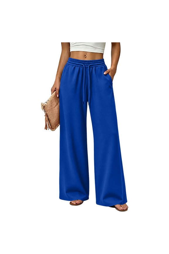 Oversized Wide Leg Sweatpants Women Elastic Drawstring Straight Leg Sweatpants Low Waisted Baggy Lounge Pants Pocket Blue M