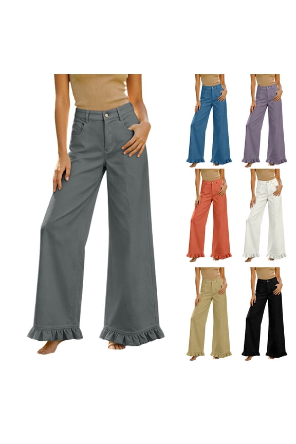 Palazzo Pants For Women Summer Button High Waist Wide Leg Pants Cute Ruffle Hem Trousers With Pockets Fall Fashion Bottoms Black M