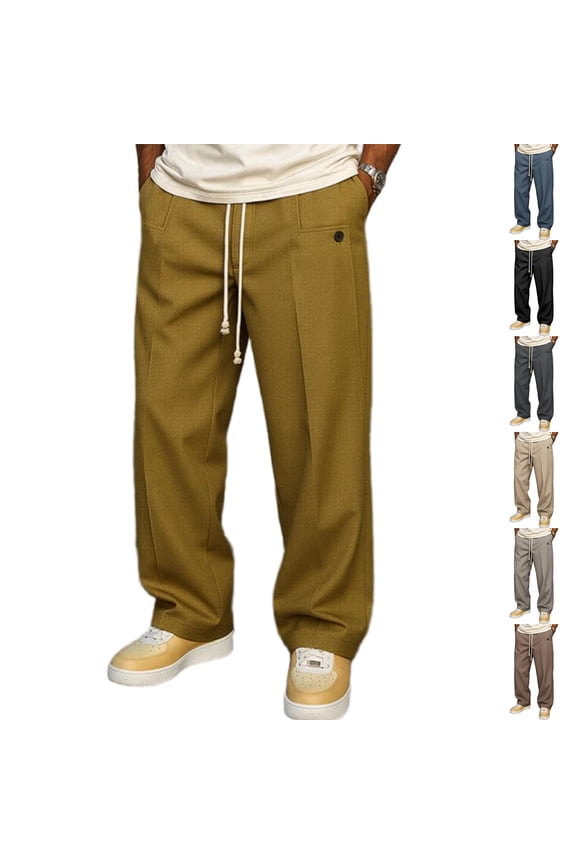 Pants For Men Relaxed Fit Casual Trendy Elastic Waist Drawstring Trousers With Pockets Straight Leg Slacks Light Brown M