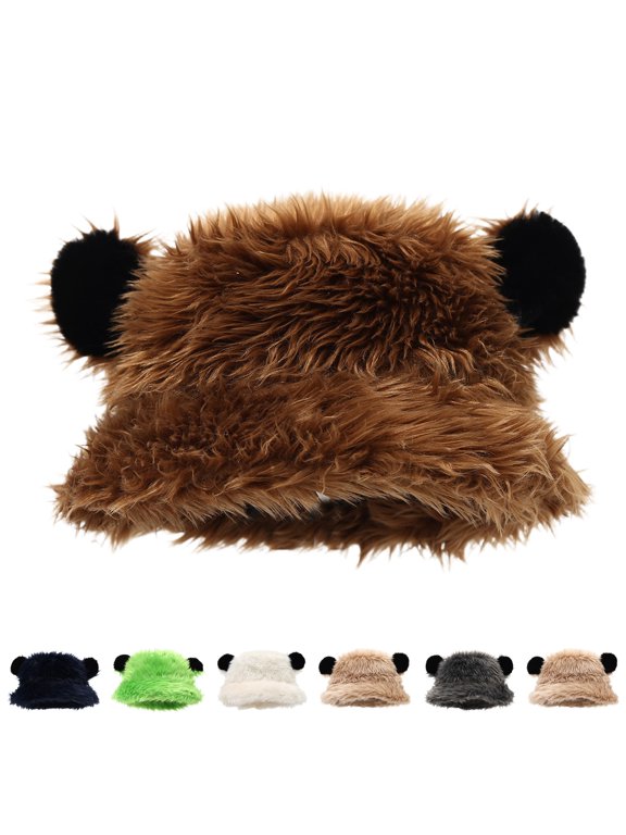 Plush Bucket Hat Cute Bear Ear Print Fluffy Fuzzy Fisherman Hat Winter Y2K Novelty Animal Cap Brown One Size