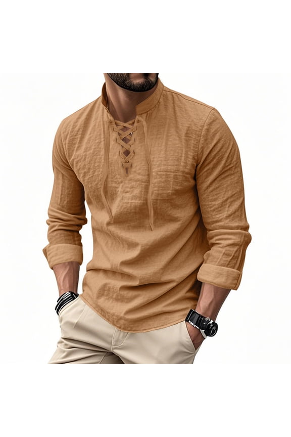 Renaissance Men Costume Shirt Cotton Medieval Cotton Linen Tunic Lace-Up Blouse For Halloween Cosplay Earthy Yellow 3XL