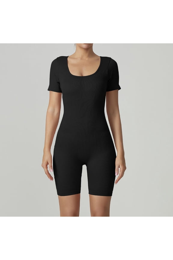 Rompers For Women Short Sleeve Ribbed Jumpsuits One Piece Tummy Control Jumpers Square Neck Romper Yoga Summer Fashion Black S