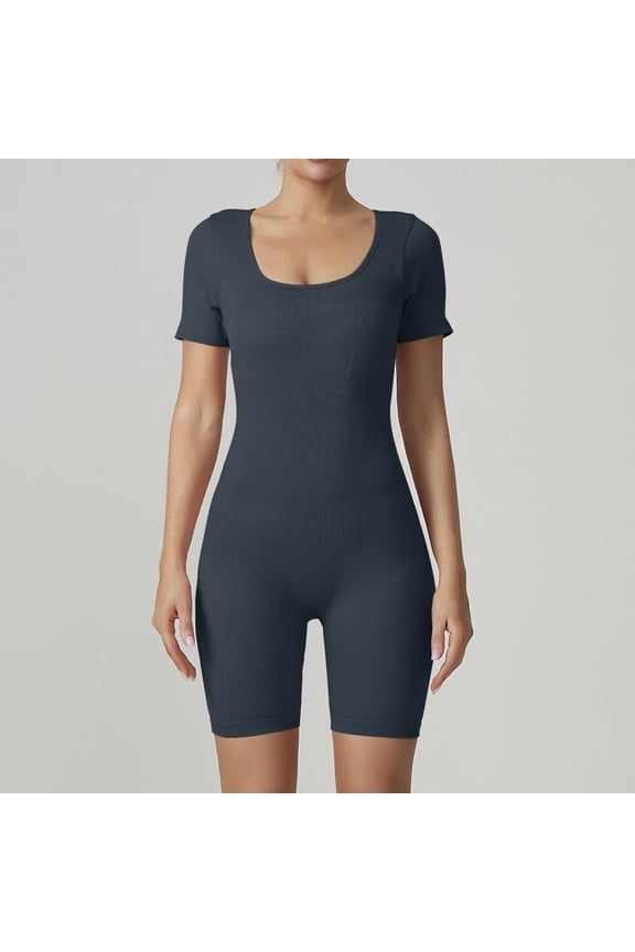 Rompers For Women Short Sleeve Ribbed Jumpsuits One Piece Tummy Control Jumpers Square Neck Romper Yoga Summer Fashion Gray S